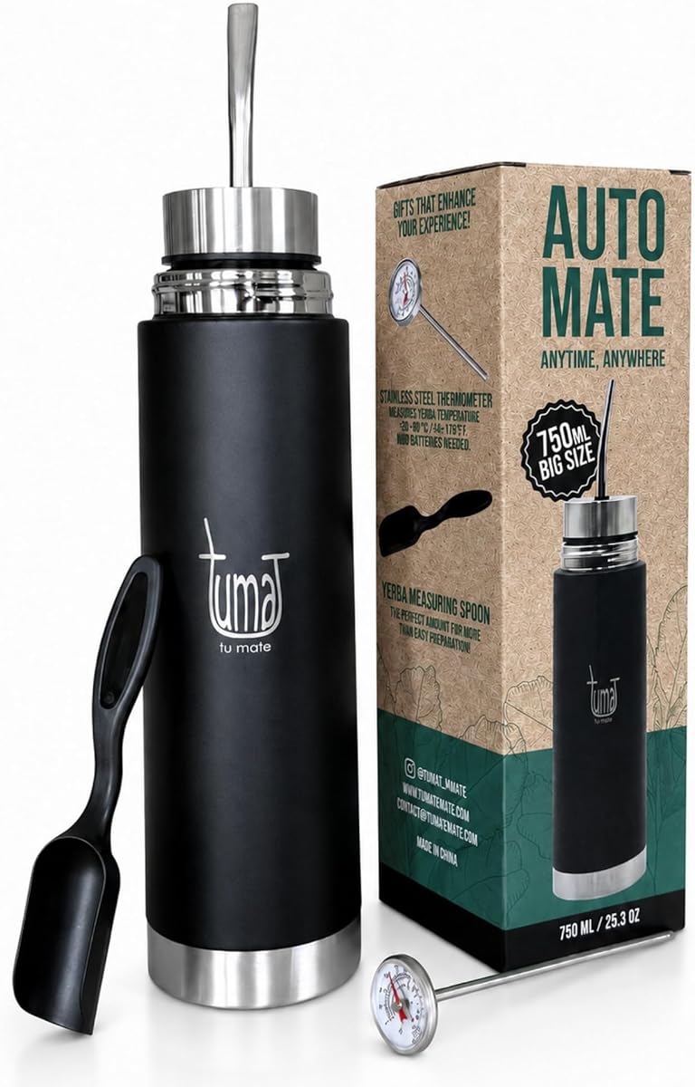 Tuma Tu Mate Automate Kit de Yerba Mate Autoservicio, Taza Termo - Mate 750ml | Termo de acero aislado, sistema de boquilla Autocebante, termómetro, cuchara medidora, juego de compañero de viaje para servir fácilmente a diario