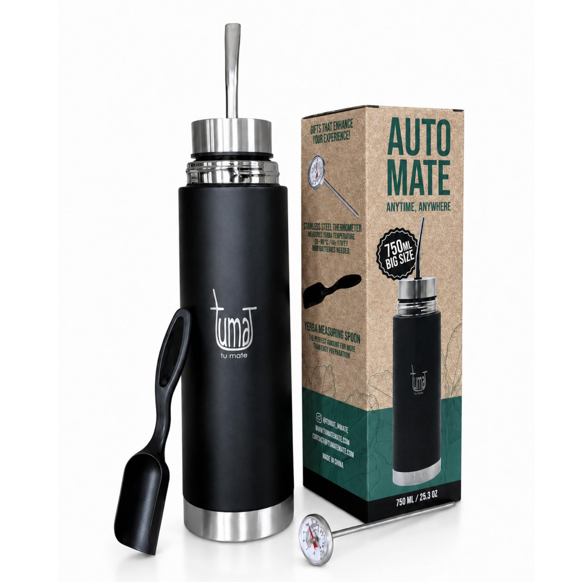 Mate Listo Automate – Auto Mate Isolierflasche mit Ausgießer, Fluvion Selbstbedienungssystem für Yerba Mate, Zwei Geschenke, 750 ml Edelstahl, Argentinian Mate Automatik-Set