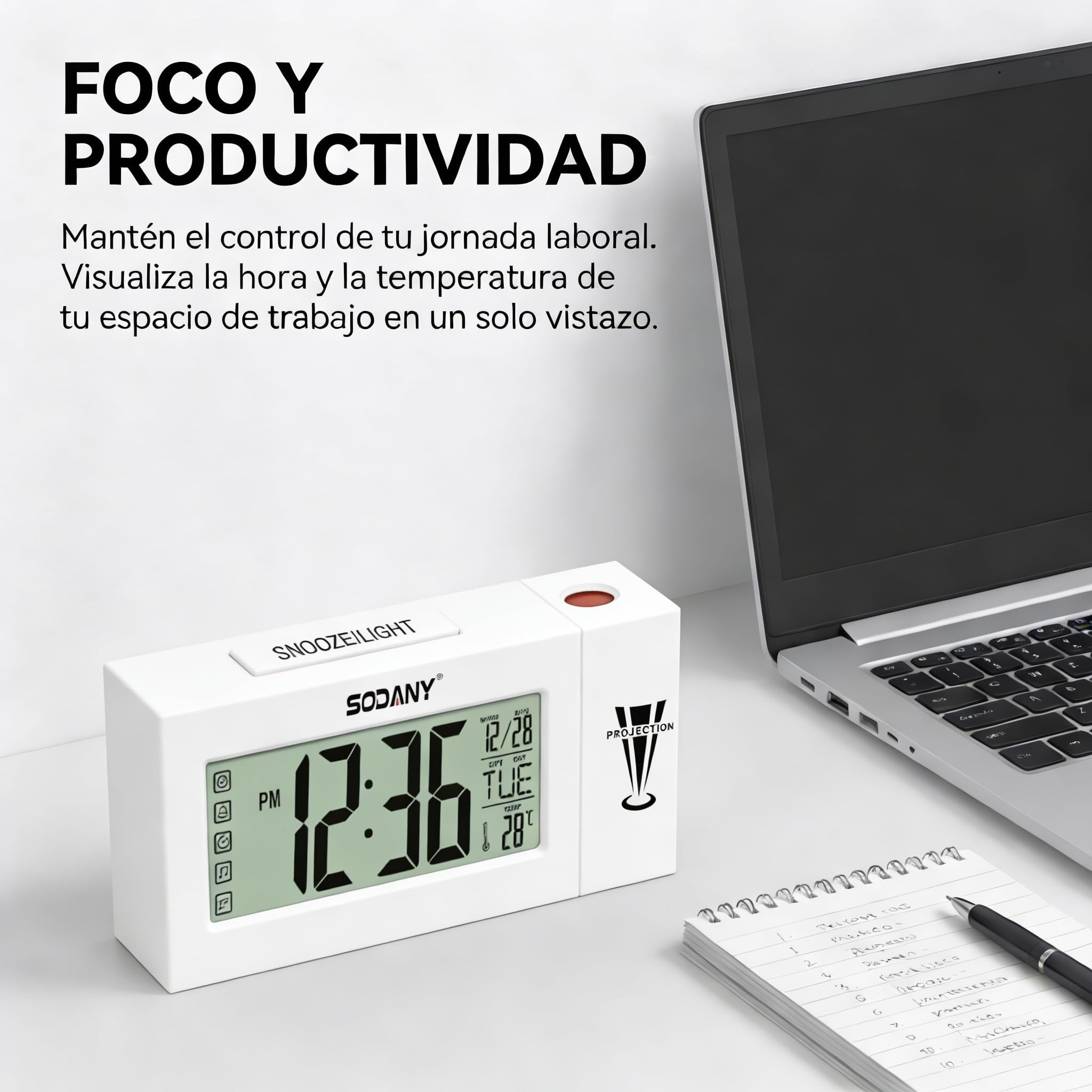 Despertador Proyector Techo Reloj Digital de Mesita Noche a Pilas con Pantalla LCD Grande, Luz de Fondo Activada por Tacto, Temperatura, Fecha y Alarma Snooze para Dormitorio Oficina (Blanco)