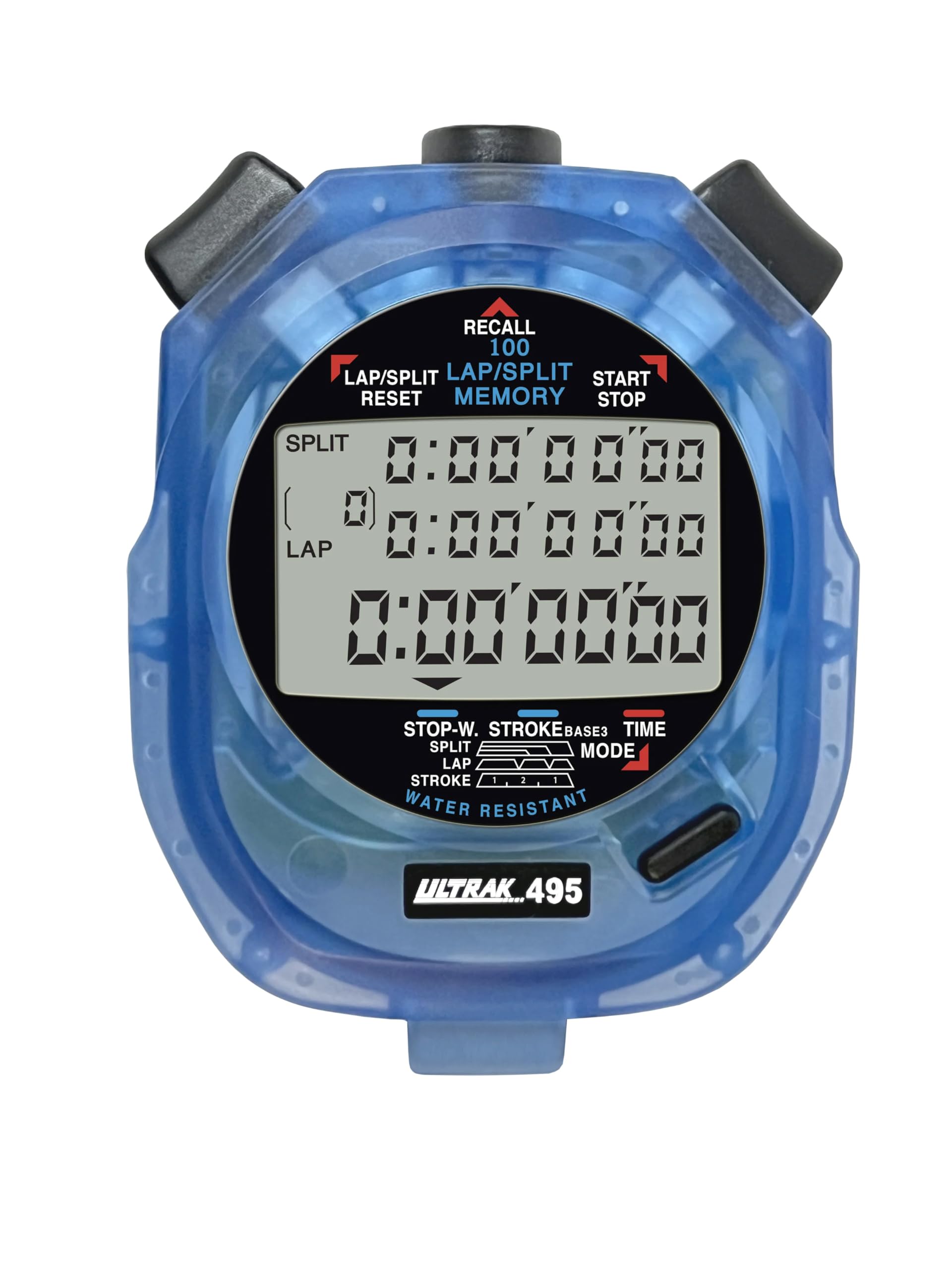 ULTRAK 495 Professional Grade 100 Dual Split Memory Timer in blue, held by a person near a swimming pool.