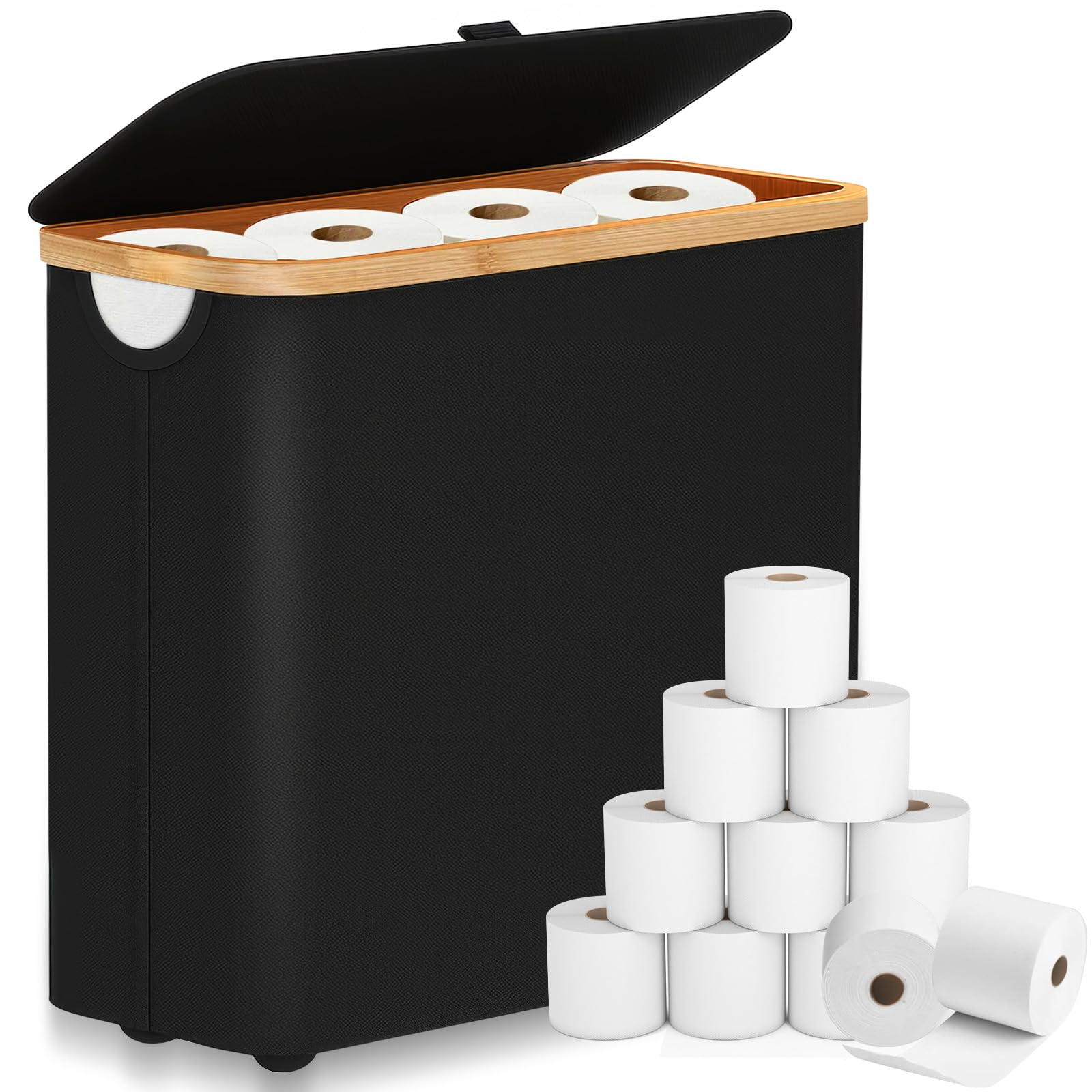 28L Cesta de Almacenamiento de Papel Higiénico de 9~12 Rollos, Organizador de Baño Plegable Impermeable, Almacenaje Papel Higienico para Baño con Tapa para Baño y Hogar (Negro)