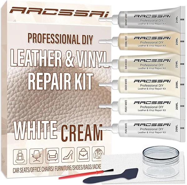 Cream Leather Repair Kit for Furniture, Vinyl Repair Kit for Car Seats, Couch, Boat, Sofa, Jacket & Purse, Fix Scratch & Rip on Artificial, Faux, Genuine Leather, Easy for Anyone to Match Ideal Color