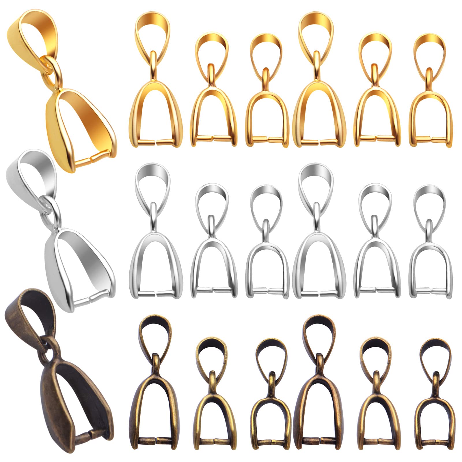 45pcs 3 Sizes Pinch Clip Bails Brass Claw Bail Finish Necklace Pendant Clasps Dangle Charm Bead Connectors Findings for DIY Craft Jewelry Making, 3 Colors