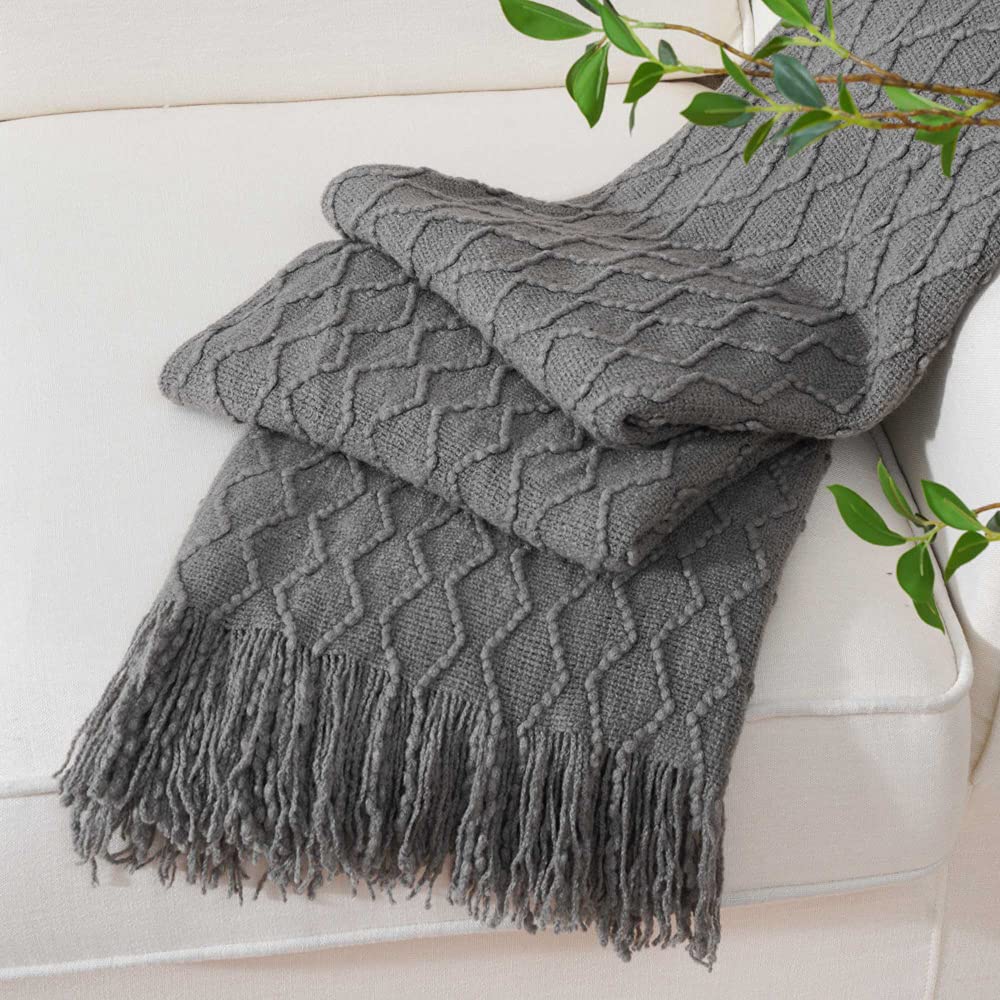 BATTILO HOME Dark Grey Throw Blanket for Couch, Textured Solid Soft Sofa Throw, Knitted Decorative Grey Blanket, 50"x60"