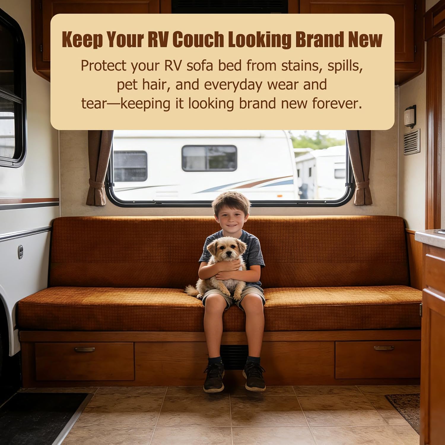 2 Piece RV Couch Covers for Sofa Bed, Stretch Elastic Camper Slipcover for RV Jackknife Sofa Bed, Washable Anti-Slip Furniture Protector, Pet Friendly & Wrinkle Free (Brown)