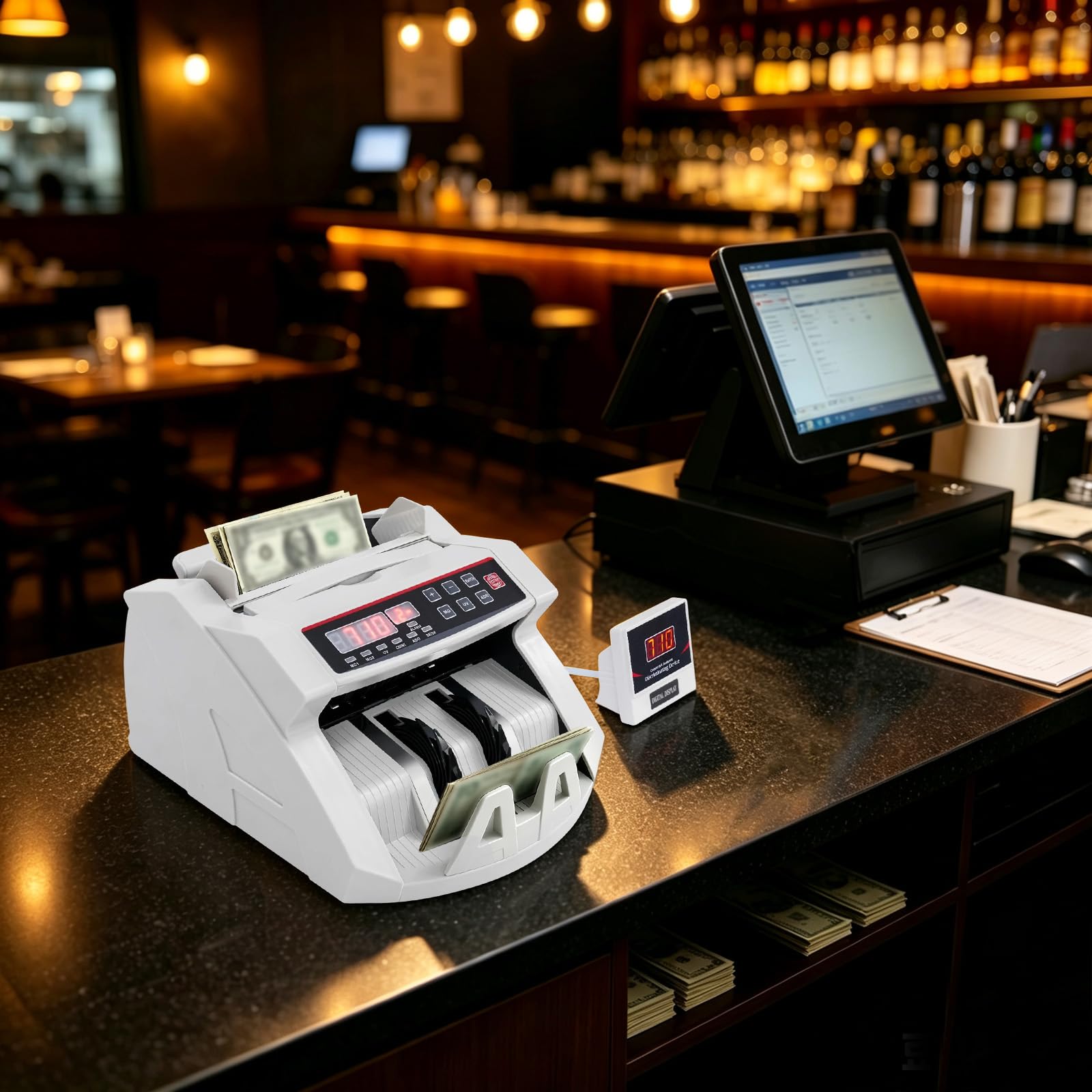 Contabanconote Professionale con Display LED, Rilevamento UV e Magnetico per Banconote False, Velocità 1000 Banconote/min, Capacità 200 Pezzi, per Euro Dollari e Sterline, Bianco