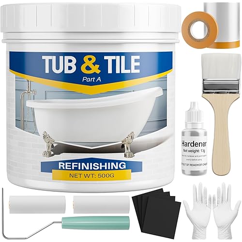 Tub and Tile Paint Refinishing Kit, 17oz Bathtub Refinishing Kit with Tools, DIY Tub Paint White for Bathtub, Shower, Kitchen Countertop, Porcelain, Easy to Cover & Low Odor, 25-30sq.ft