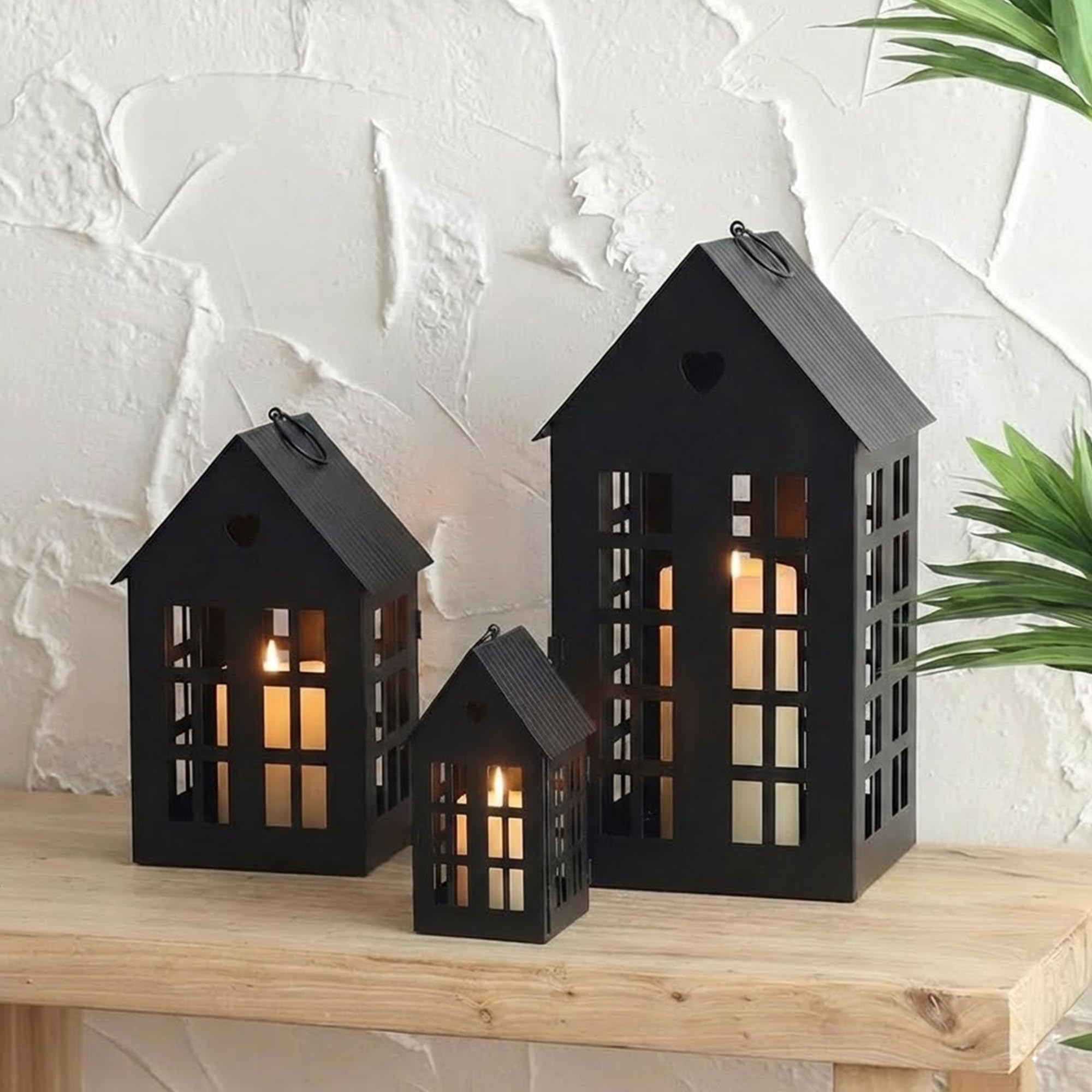Trirocks Black Set Of 3 House Vintage Metal Hanging Lanterns 34Cm & 23.5Cm & 13.5Cm H Decorative Candle Holders For Garden Yard Patio Wedding Parties Events Indoor Outdoor (Black)