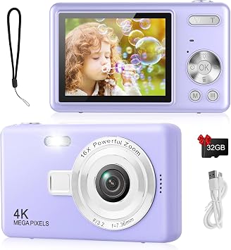 Digital Camera - 1080P FHD 44MP with 2.4" LCD Screen Compact Portable Vlogging Photo Camera with 32gb SD Card 16X Digital Zoom for Kids Teen Students Beginner Upgrade Purple