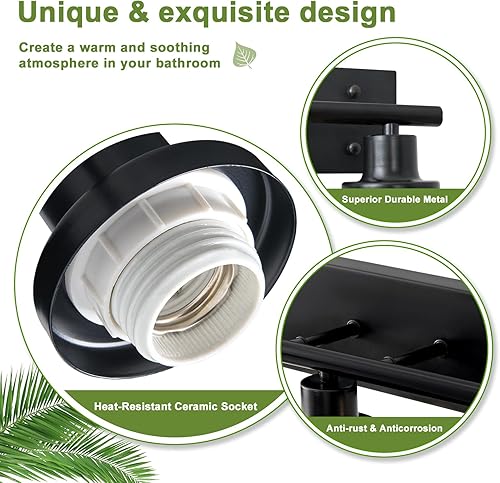 Miniatura 3 de Lámparas de baño de 3 luces, modernas luces de tocador de cristal con 3 bombillas E26, luz cuadrada negra mate para espejo dormitorio, sala de