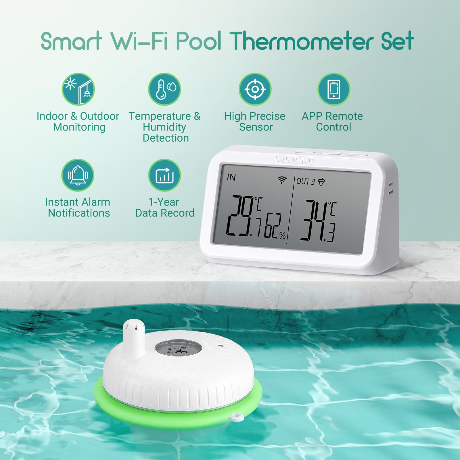 Inkbird IBS-P02R Wi-Fi termometr basenowy i wanny, pływający, sterowanie aplikacją, 9-kanałowy monitor, duży ekran