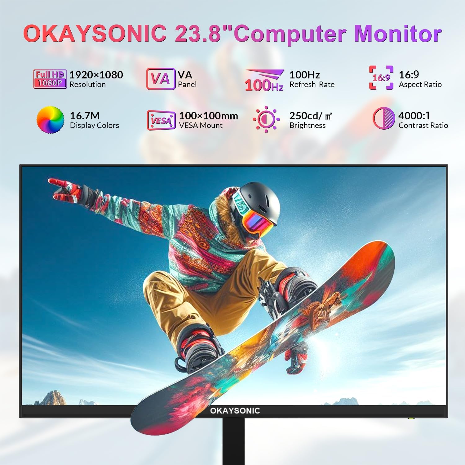 24" FHD Office Monitor - 100Hz Refresh Rate & 1ms Response for Ultra-Smooth AMD FreeSync, Frameless, Built-in Speakers, Eye Care
