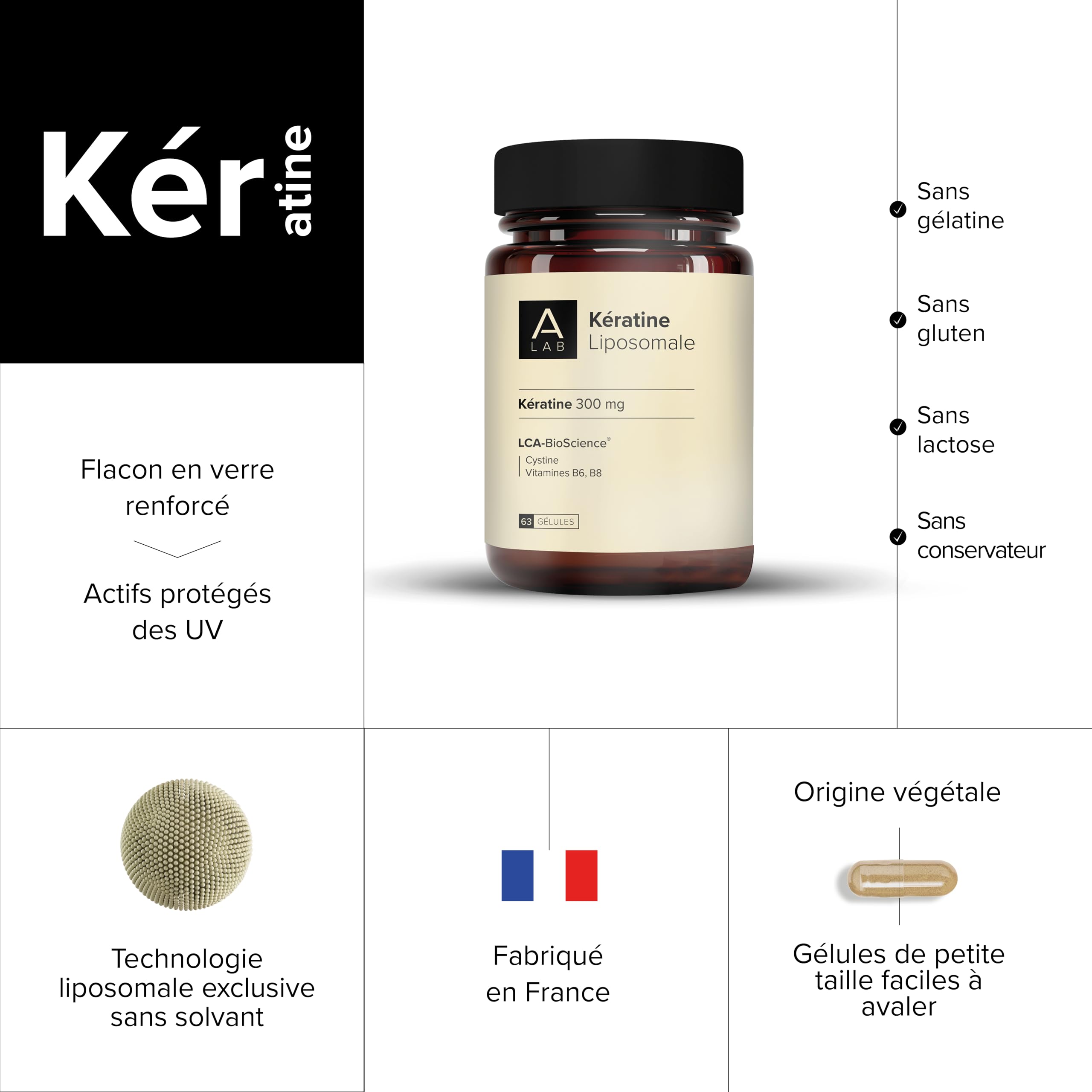 Keratine Liposomale 300mg - Cheveux, Ongles, Peau - Biotine, Vitamine B6, L-Cystine - A-Lab - 1 à 3 Gélules Par Jour