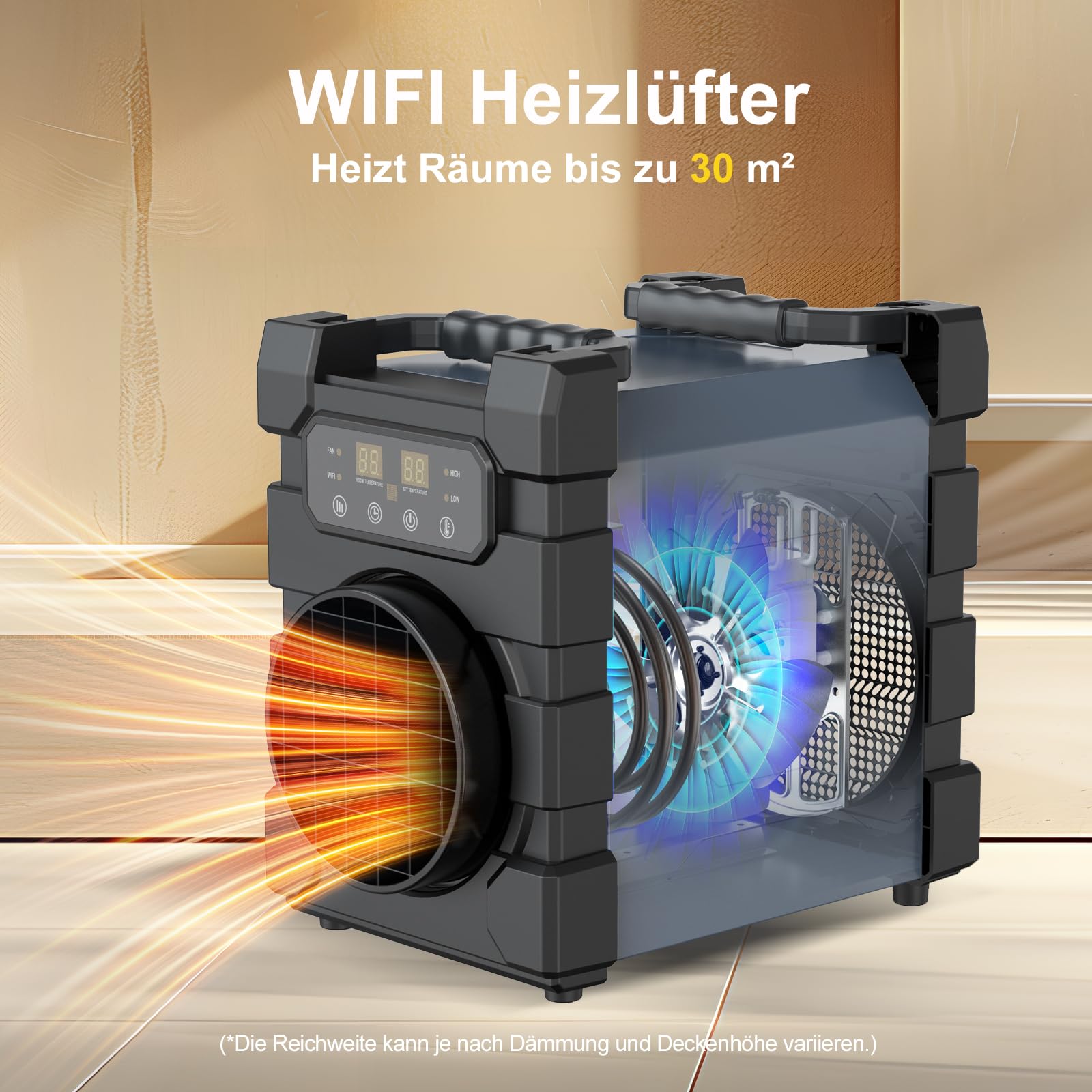 Professioneller Elektro Heizlüfter 2000 Watt mit Fernbedienung, WIFI | Schwerem Stahlgehäuse, Überhitzungsschutz, mit Thermostat, Bautrockner für Baustelle, Garage
