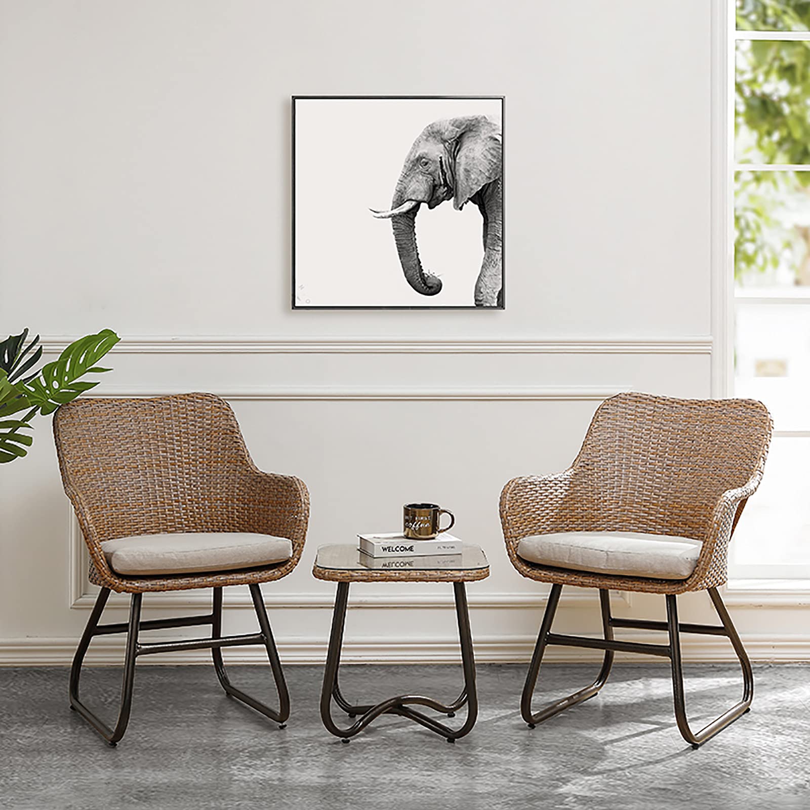 Set da Bistrot 3 Pezzi con Poltrone e Tavolo con Ripiano in Vetro Temperato, Set Mobili da Giardino con Protezione Ambientale in Rattan PE, Mobili da Giardino in Rattan con Intrecciato a Mano