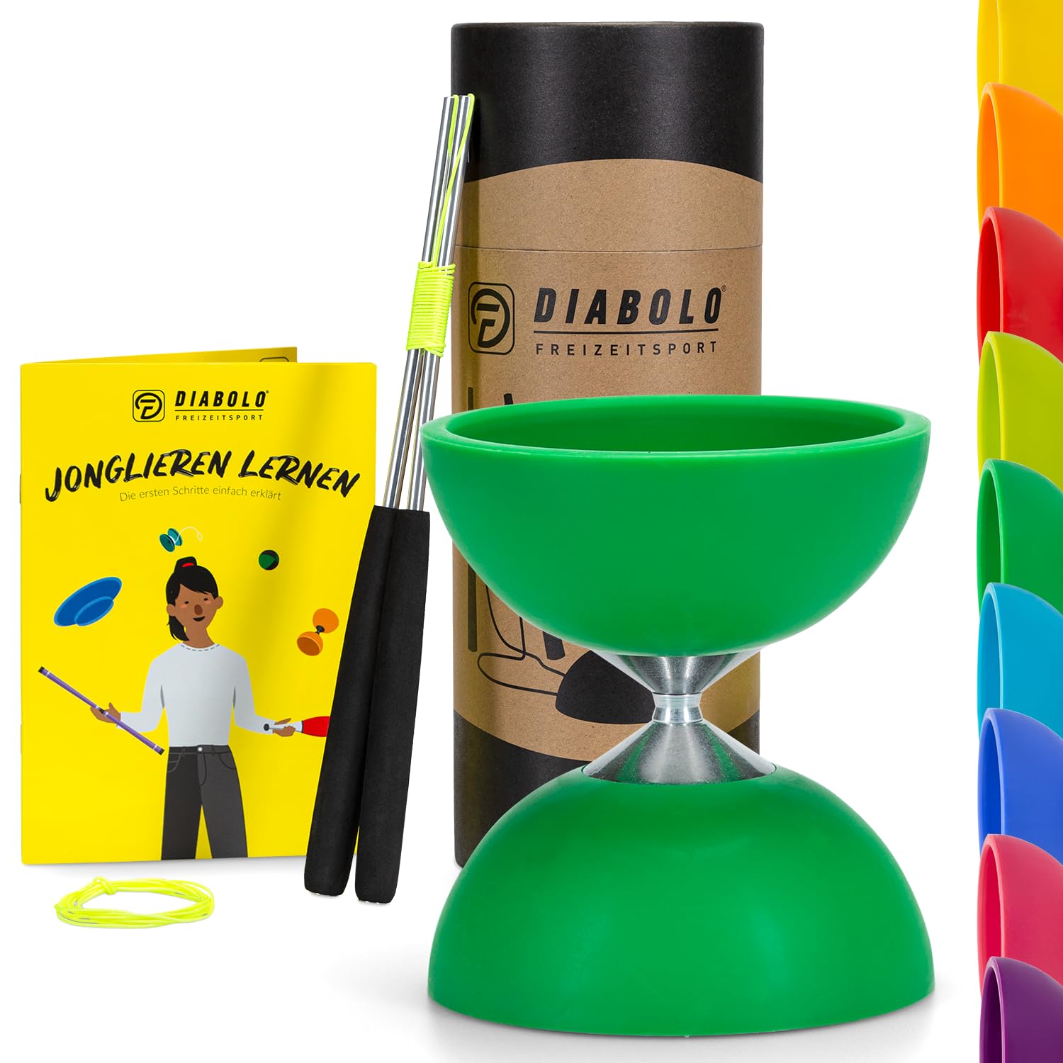 Diabolo Freizeitsport Jonglier-Set Basic (grün) - Diabolo mit Aluminium-Handsticks, Ersatzschnur, Anleitung. Perfekt für Kinder, Einsteiger & Anfänger