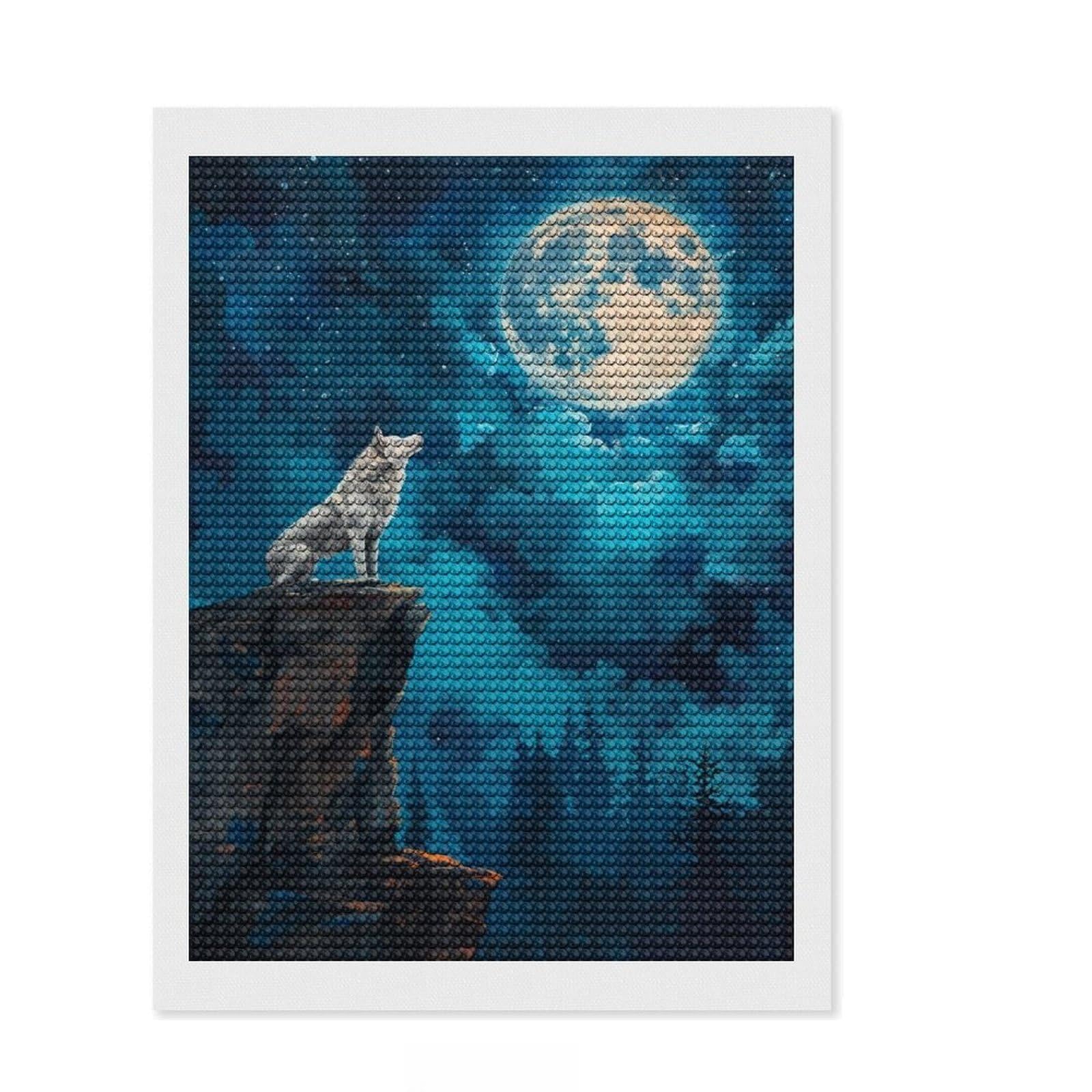 Junmoney Wolf Howl in Moon Night Diamond Painting Kit 12"x16", Christmas Gift, for Beginners, Full Kit Included, Aesthetic Room Decor, Printed Canvas