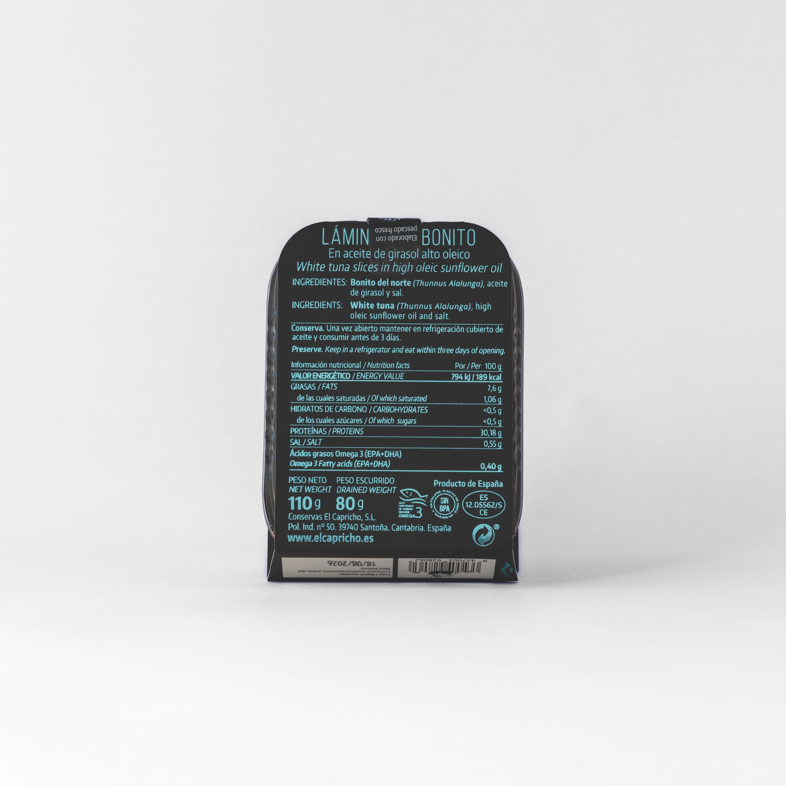 EL CAPRICHO, Santoña, Láminas de Bonito en Aceite de Girasol, Peso: 110 g Neto, 80 g Escurrido (Pack de 6)