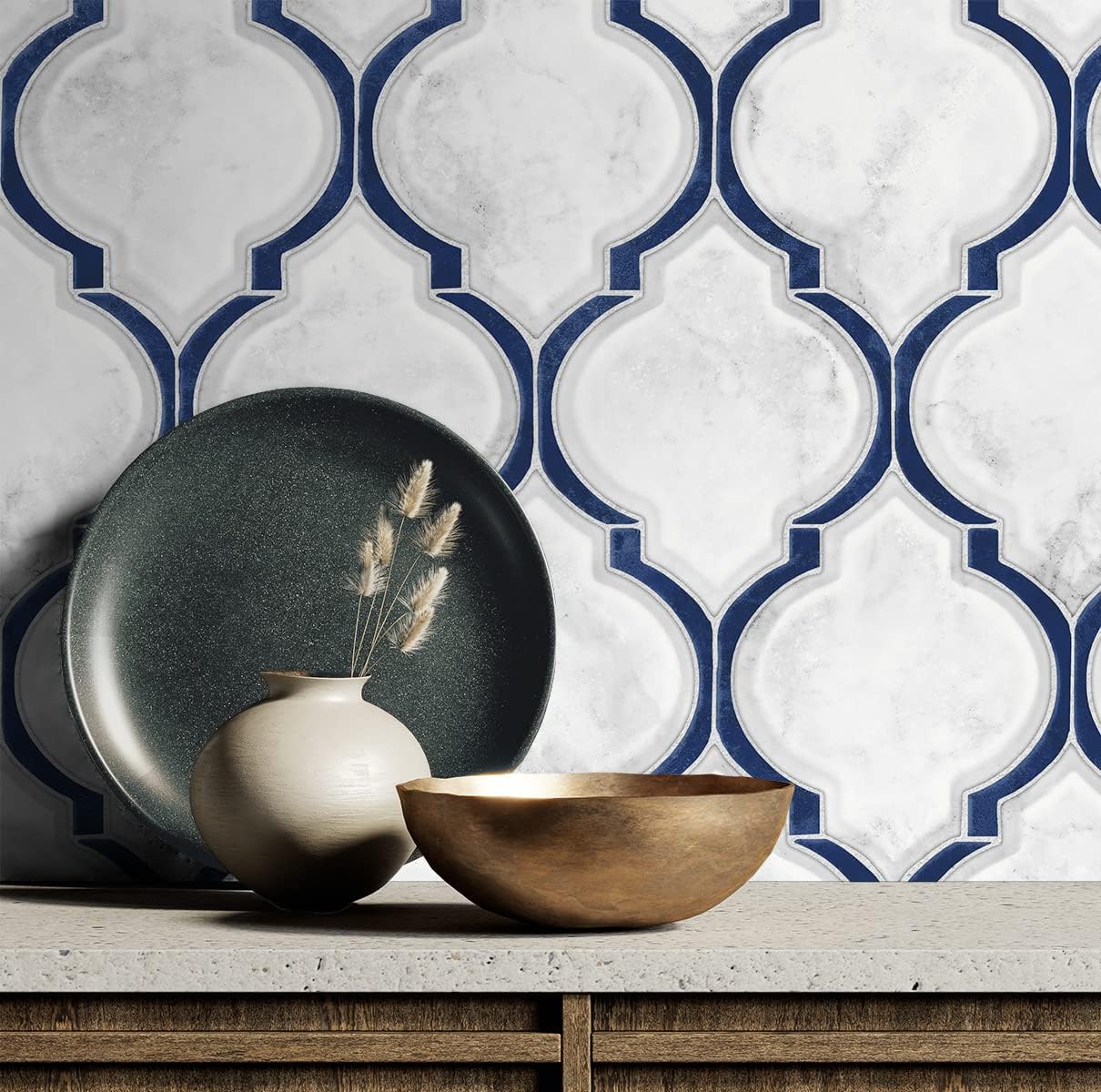 NextWall Marbled Ogee Faux Peel and Vinyl Stick Wallpaper (Royal Blue & Carrara)
