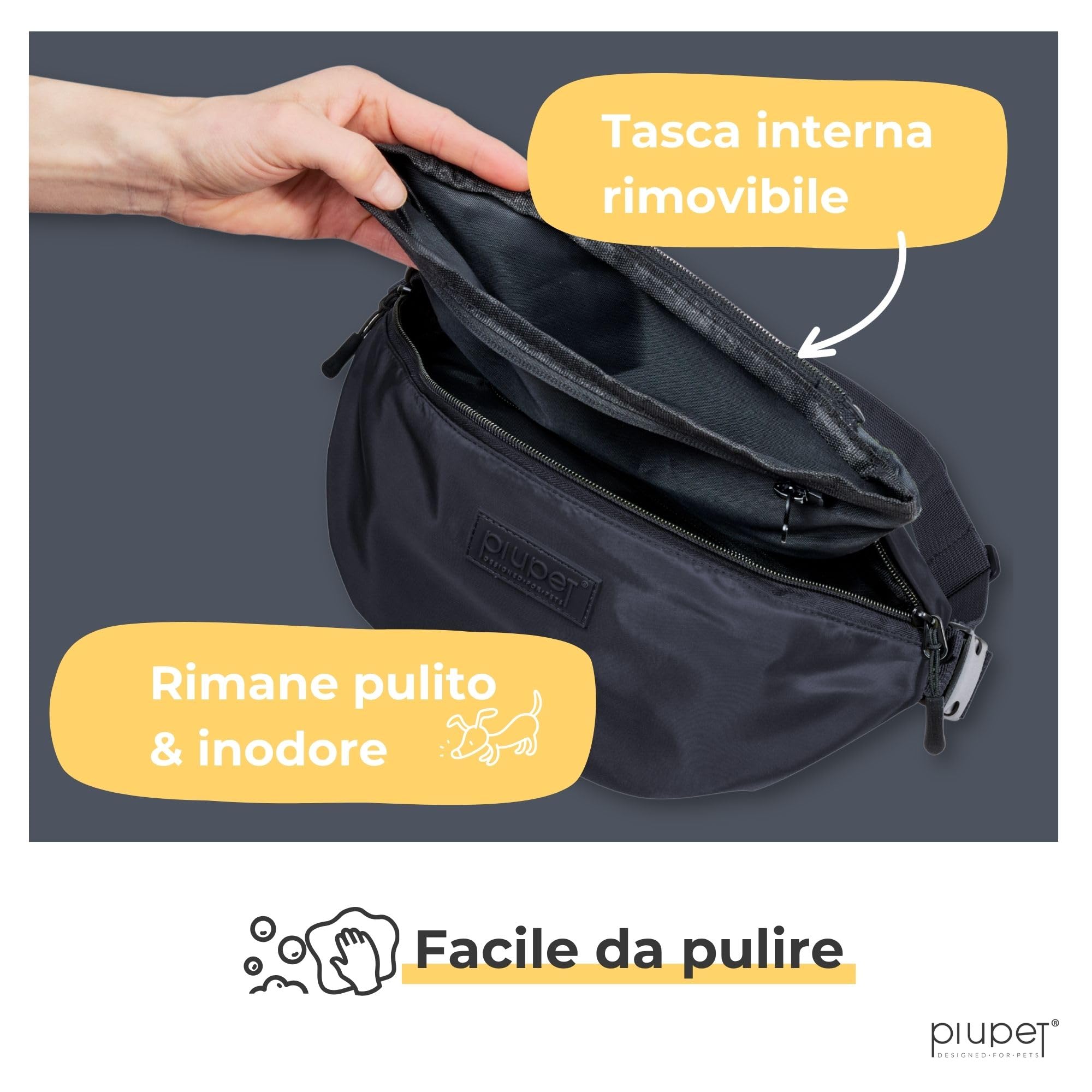 PiuPet® Borsa per Cani I Borsa per Cani Elegante e Impermeabile con 3 Scomparti con Cerniera I Marsupio 2 in 1 per l'addestramento del Cane e Borsa a Tracolla I con Tasca Interna Rimovibile (Nero)