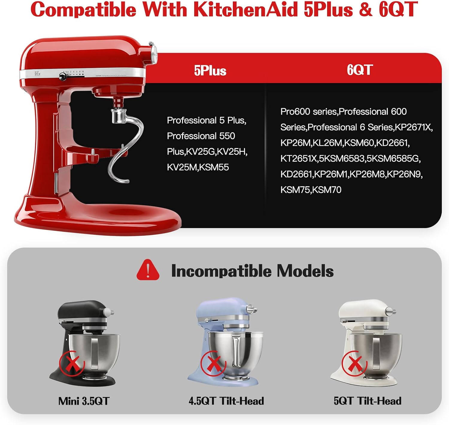 Stainless Steel Spiral Dough Hook Compatible With Kitchenaid 5Plus & 6QT Bowl-Lift Stand Mixers, Bread Hook for Kitchenaid Stand Mixer, Efficient Kneading for Bread, Pizza, Pasta, Dishwasher Safe