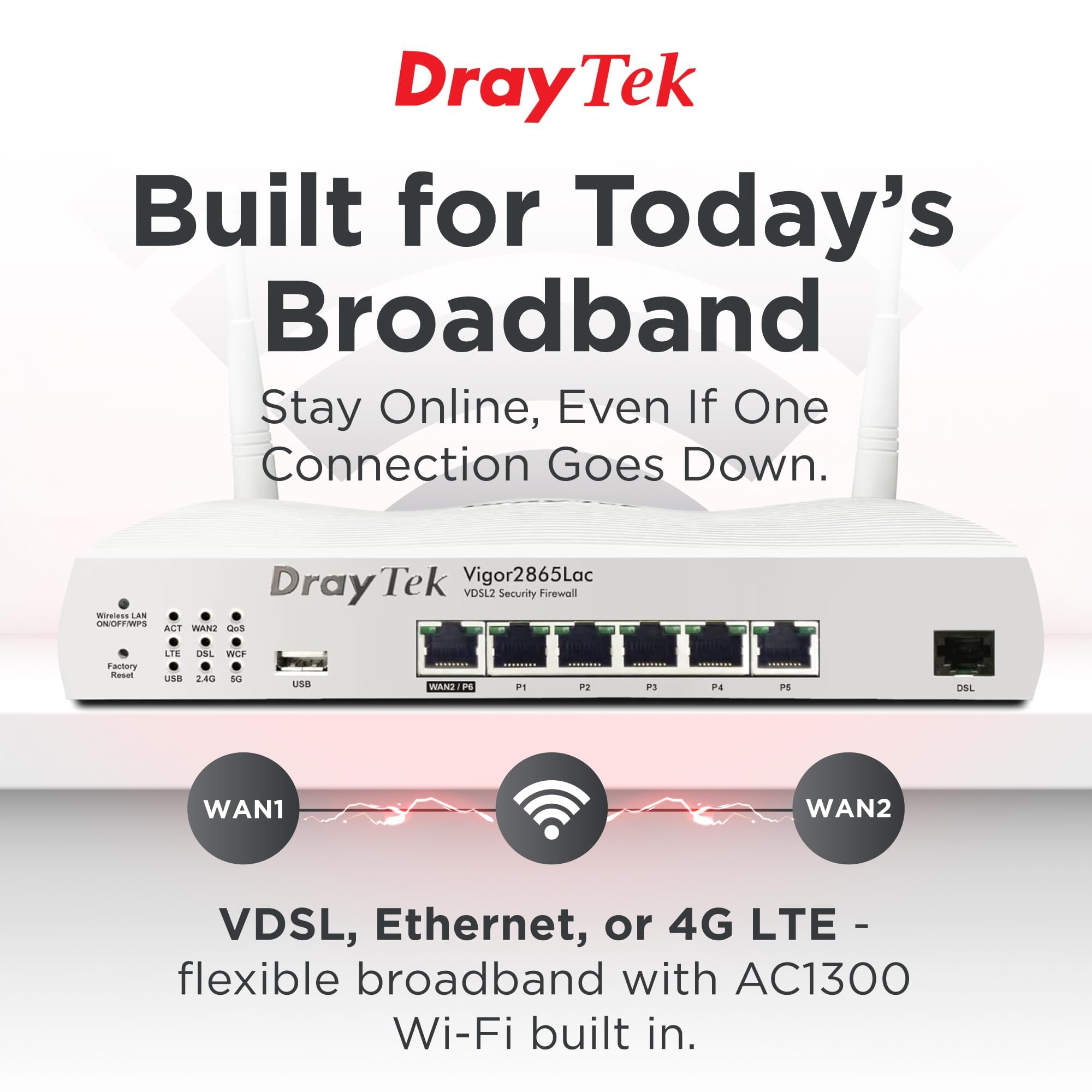 DrayTek Vigor 2865Lac Routeur Ethernet 4G, VDSL/ADSL, 5+1 GbE LAN ports avec VLAN, VPN double bande, maille, modem Dual-SIM 4G+ LTE, SMB