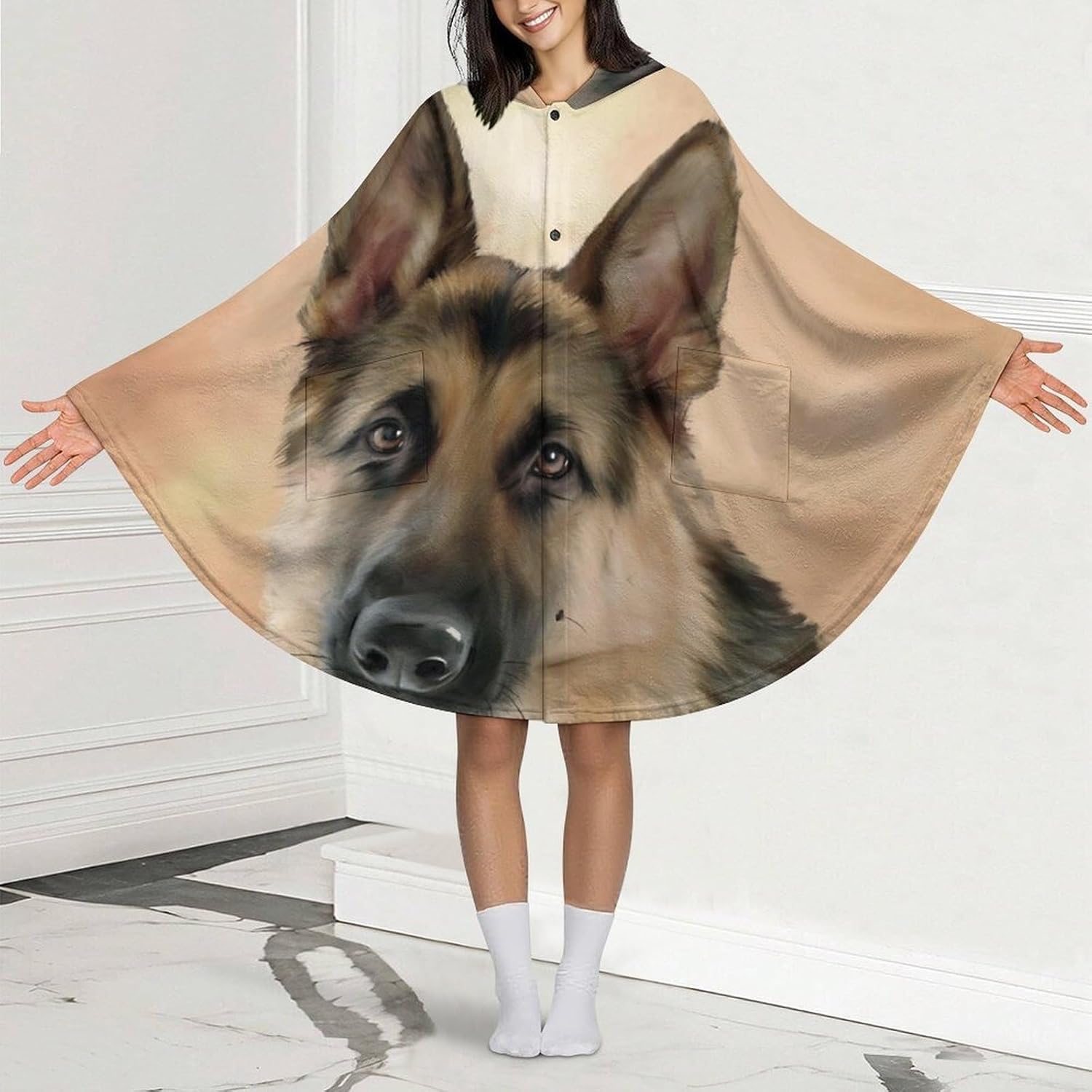 German Shepherd Wearable Blanket with Hooded Flannel Blankets Cape with Pocket
