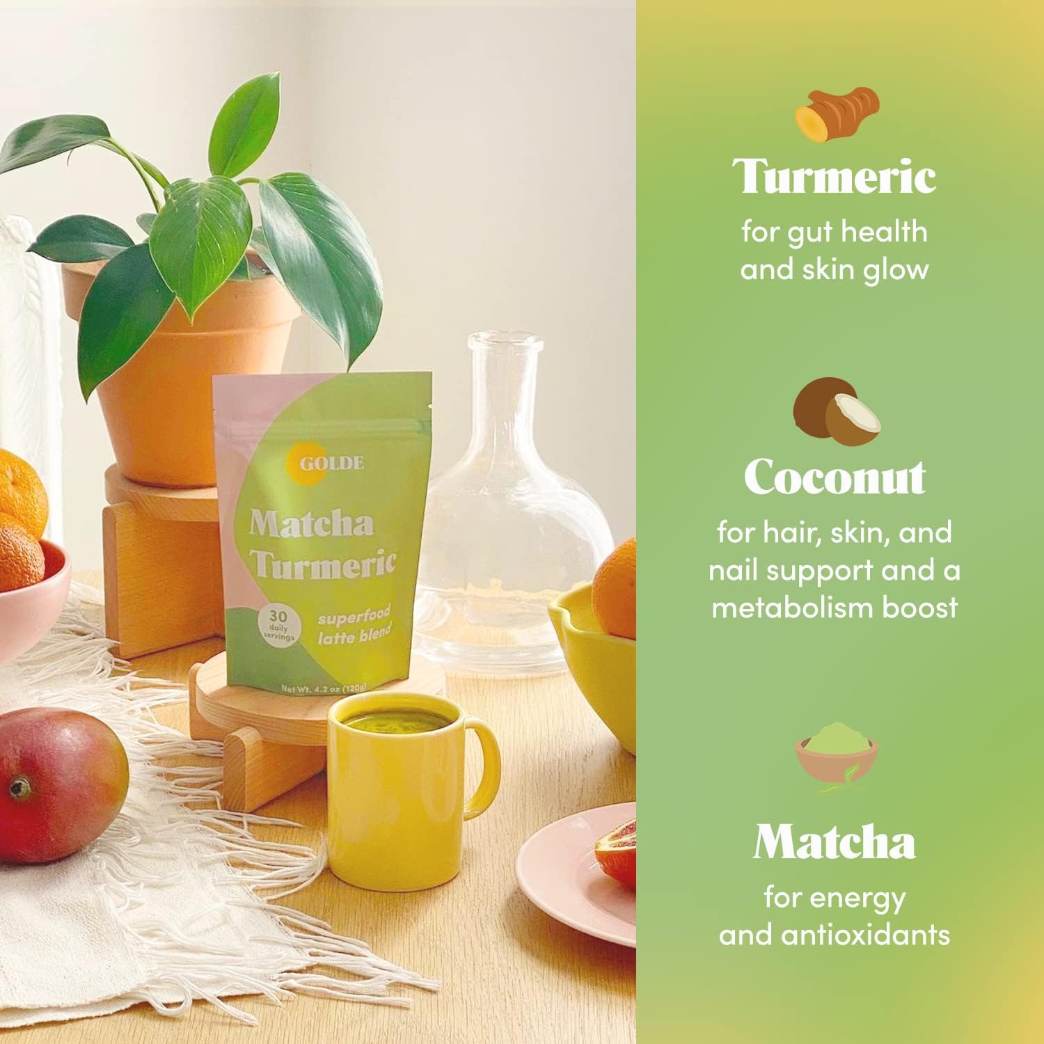GOLDE - Superfood Latte Blend - Matcha Turmeric - Plant-Based w/Turmeric, Coconut, & Matcha - Stress Balance - Vegan, Keto, & Sugar-Free - 30 Servings