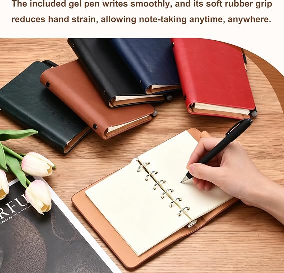 PATIKIL 6 Ring Binder Cover, A7 Leather Notebook Binder with 50 Sheets Refillable Blank Paper and Pen Loose Leaf Planner Personal Organizer for Travel Office, Dark Green/Yellow-Brown