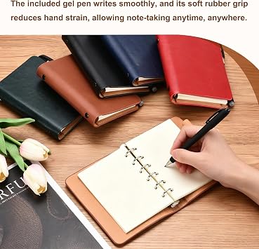 PATIKIL 6 Ring Binder Cover, A7 Leather Notebook Binder with 50 Sheets Refillable Blank Paper and Pen Loose Leaf Planner Personal Organizer for Travel Office, Dark Green/Yellow-Brown