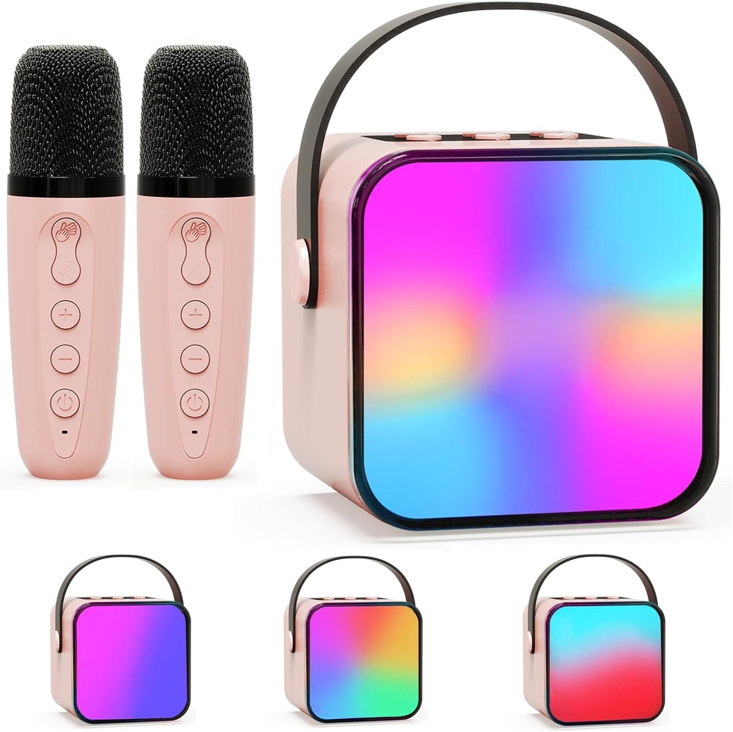 BeedovePortable Mini Karaoke Machine, Karaoke Speaker with 2 Mini Kids Bluetooth Microphones, Toy Present for 8-10 Years Old Girls, Boys, Adults, Party, Family KTV, Outdoor, Travel, Birthday, Pink