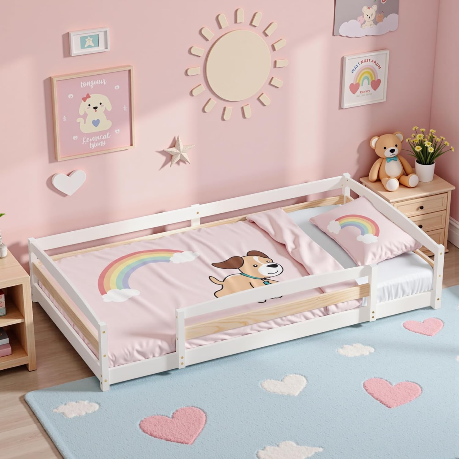 Twin Size Floor Bed Frame with 2 Openings, Wooden Low Montessori Bed with Safe Guardrails for Boys Girls, Mist Blue