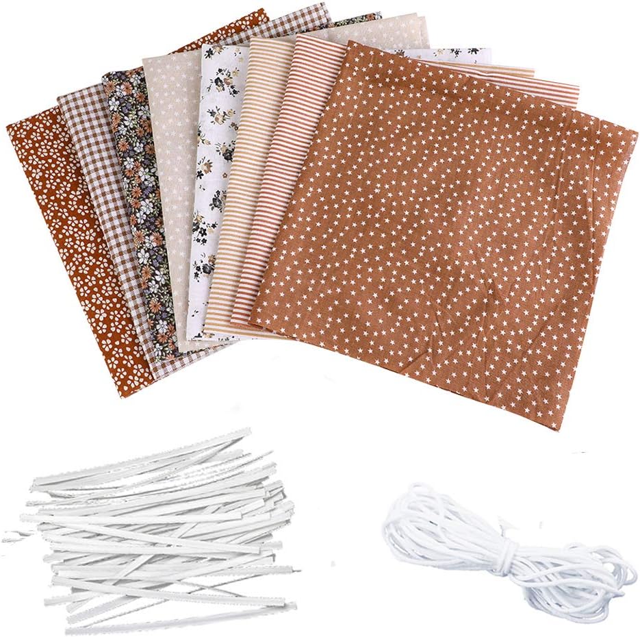 Junejour 8PCS Cotton Fabric Set 19.7x19.7 Inches Prints Flower Cloth Quilting Patchwork for Manual DIY Sewing Crafts with Nose Bridge Strip Elastic Band