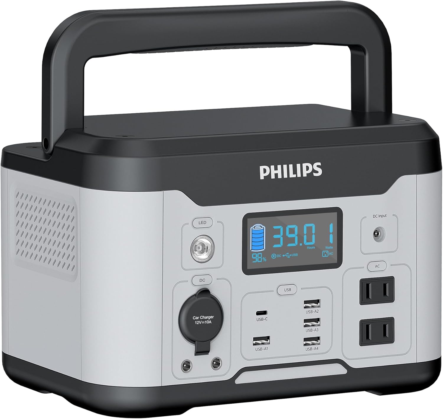 Philips DLP8093C Portable Power Station with display and ports.