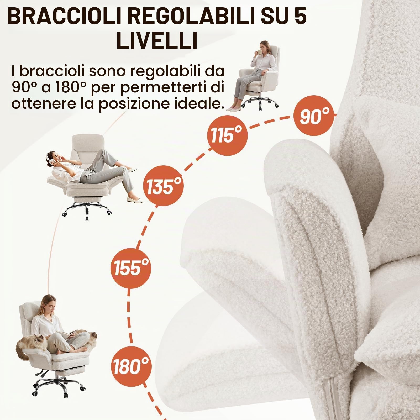 Sedia da ufficio con braccioli regolabili su 5 livelli, sedia da ufficio ergonomica con poggiapiedi e supporto lombare, sedia da gioco in altezza regolabile in riccio 200 kg, bianco