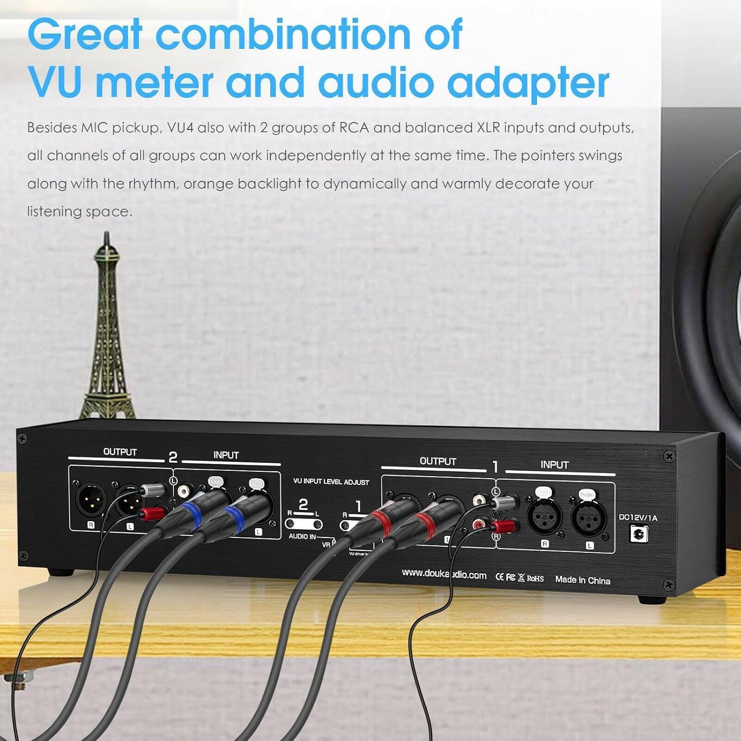 Analoges 4-Kanal-VU-Meter mit Audio-Umschalter, Spektrumanalysator und Rhythmuslicht, dB-Anzeige, Fernbedienung, EQ- und VU-Modi, Einstellbarer Hintergrundbeleuchtung für Musikstudios