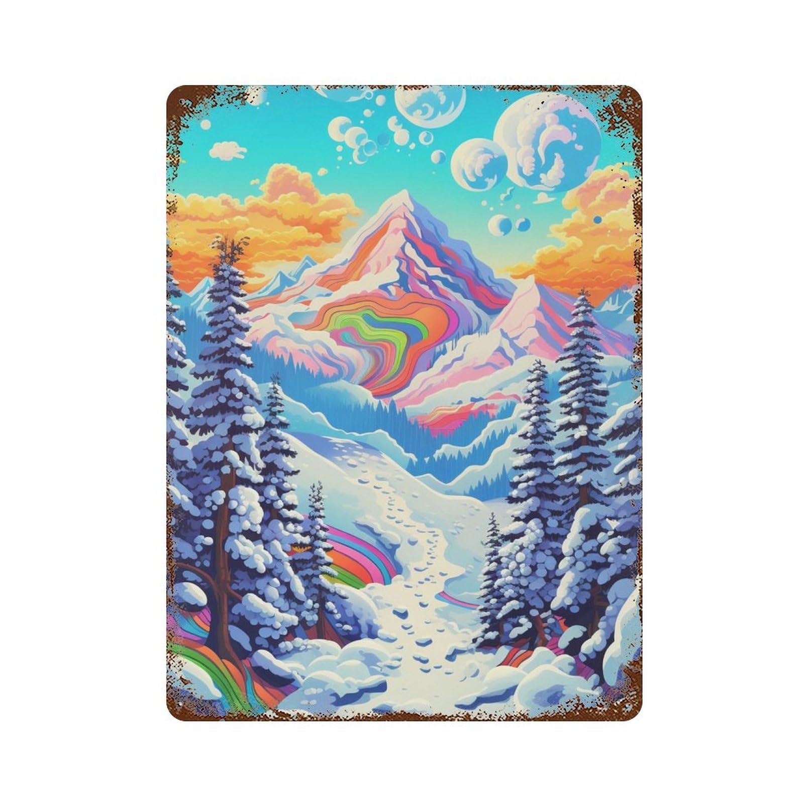 Colorful Winter Wonderland Rust Effect Tin Sign 15.7"x11.8", Vintage Wall Decor for Pub, Kitchen And Man Cave Decor
