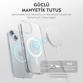 Babilden iPhone 15 İçin Kılıf Magsafe İle Uyumlu Şeffaf Sert Kristal Mika Sararmaz Telefon Kılıfı