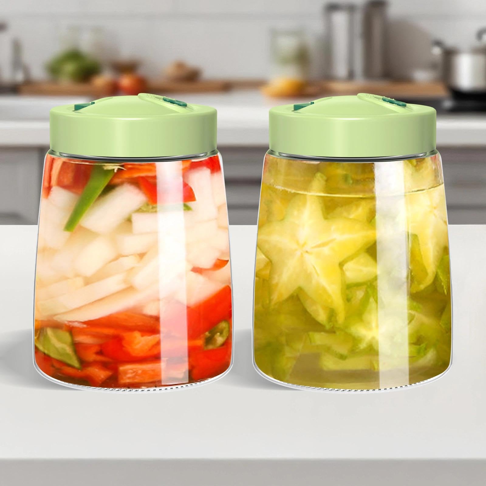 1.4L Fermentadora con Ventilación de Liberación de Aire de 1 Vía, Frasco de Fermentación, Tarro de Fermentación de Cristal para Kéfir, Kimchi, Chucrut, Iniciador de Masa Madre(Verde, 2 PCS)