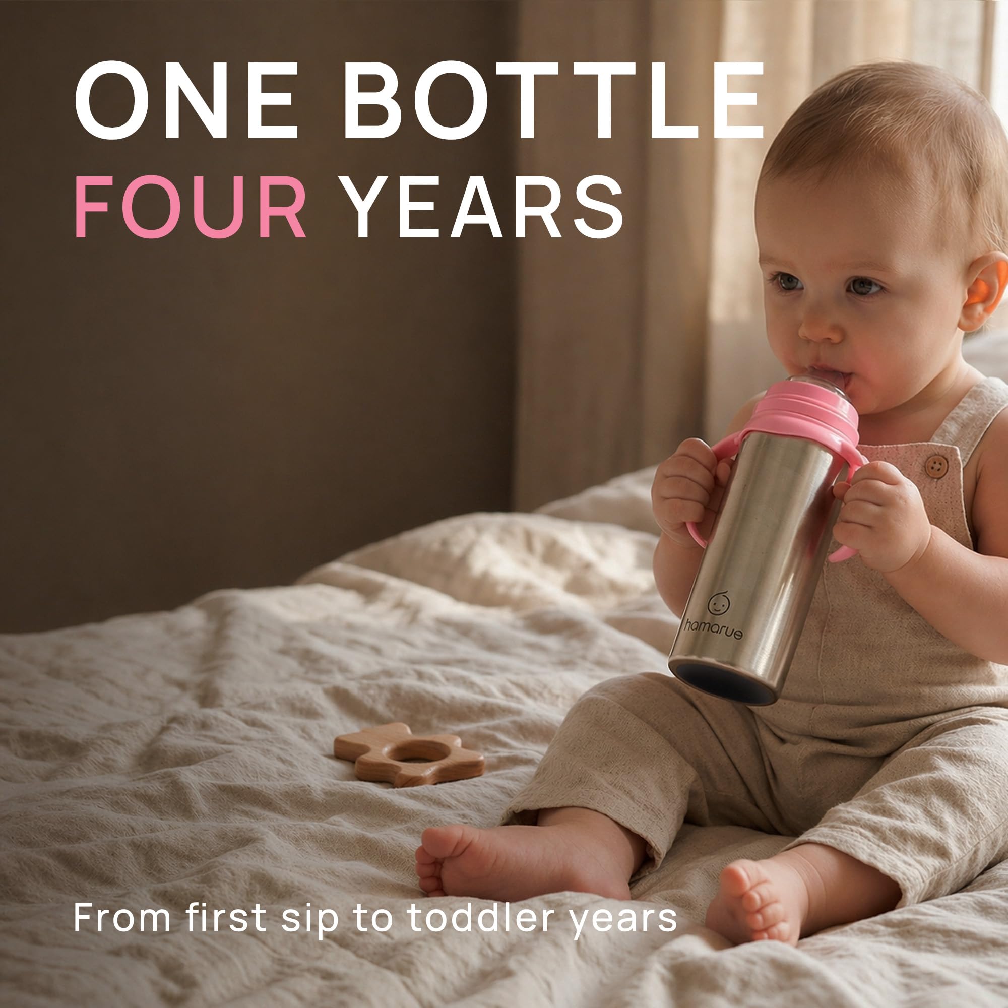 Condition photo showing New/Like New for 3-in-1 stainless steel baby bottle – converts from newborn bottle to sippy cup to straw cup, ages 0–4, leak-proof, 8 oz pink