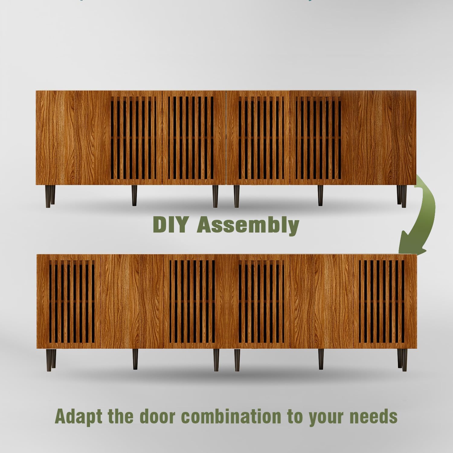 Storage Cabinet, 94.4" Freestanding Buffet Cabinet with 6 DIY Doors and Adjustable Shelf,Modern Sideboard Coffee Bar with Solid Wood Feet,TV Standfor Living Room,Dining Room,Kitchen,Walnut,Set of 2
