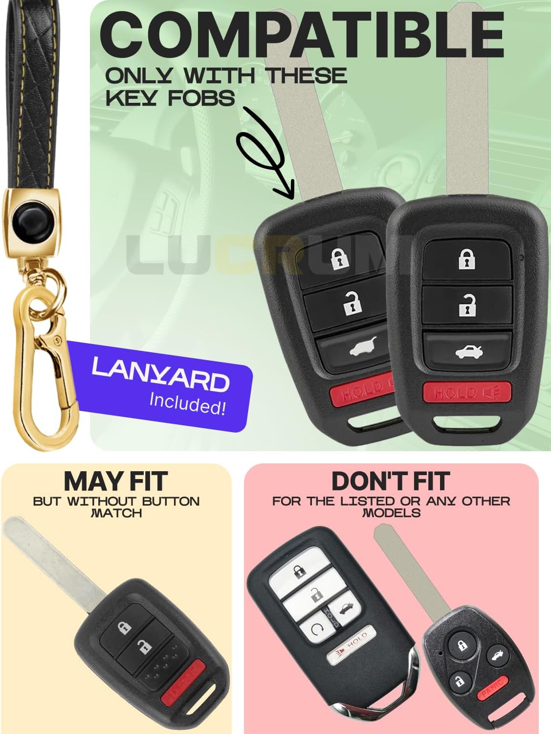 2-Pack for Honda Key Fob Cover and Leather Keychain - Black and Gold & Blue and Gold