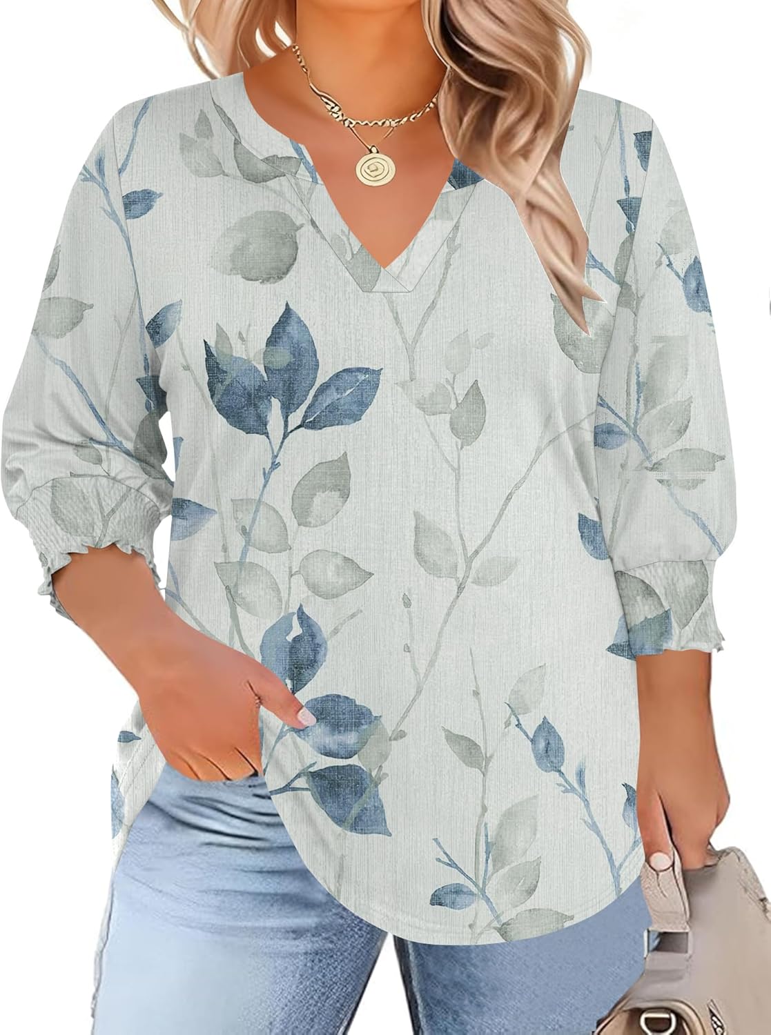 TFSDOD Womens Plus Size Tops 3/4 Sleeve Blouses Summer V Neck Shirts Smocked Cuffs Spring Outfits 1X-5X