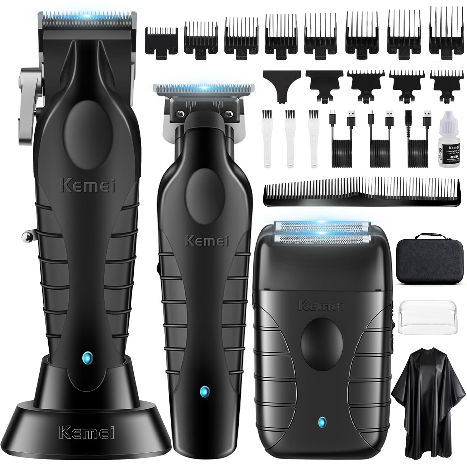 KEMEI Profi Haarschneidemaschine für Männer, Schnurlose Haarschneider Barttrimmer Folienrasierer Set, Zero Gapped T-Klinge Haartrimmer, Wiederaufladbare Elektrische Haarschneide-Kit (Schwarz C)