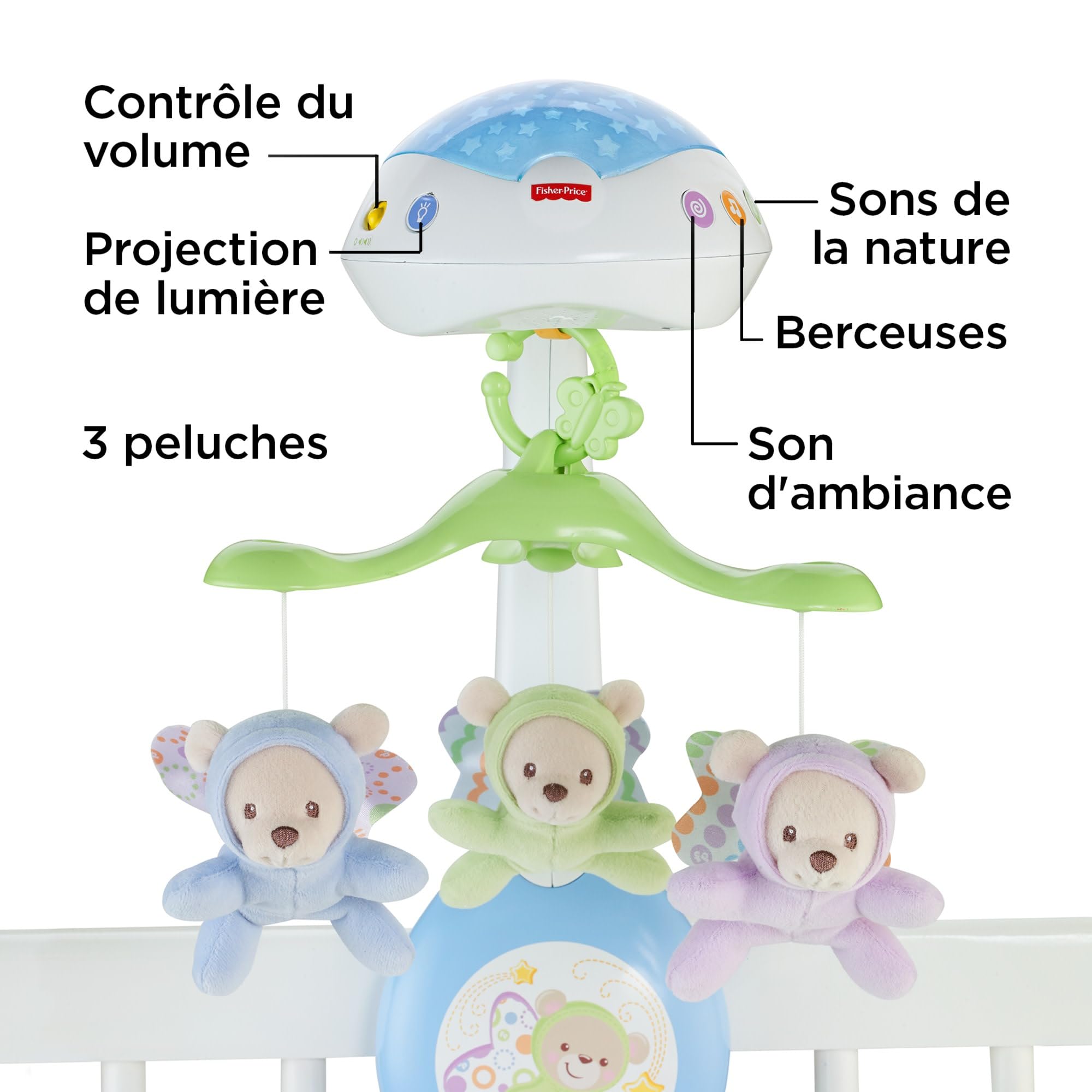 Fisher-Price - Mobile Doux Rêves Papillon - Veilleuse avec Projection de Lumière - 3 Peluches, 3 Modes Audio - Adapté aux Bébés - Cadeau de 0 à 5 Mois, CDN41