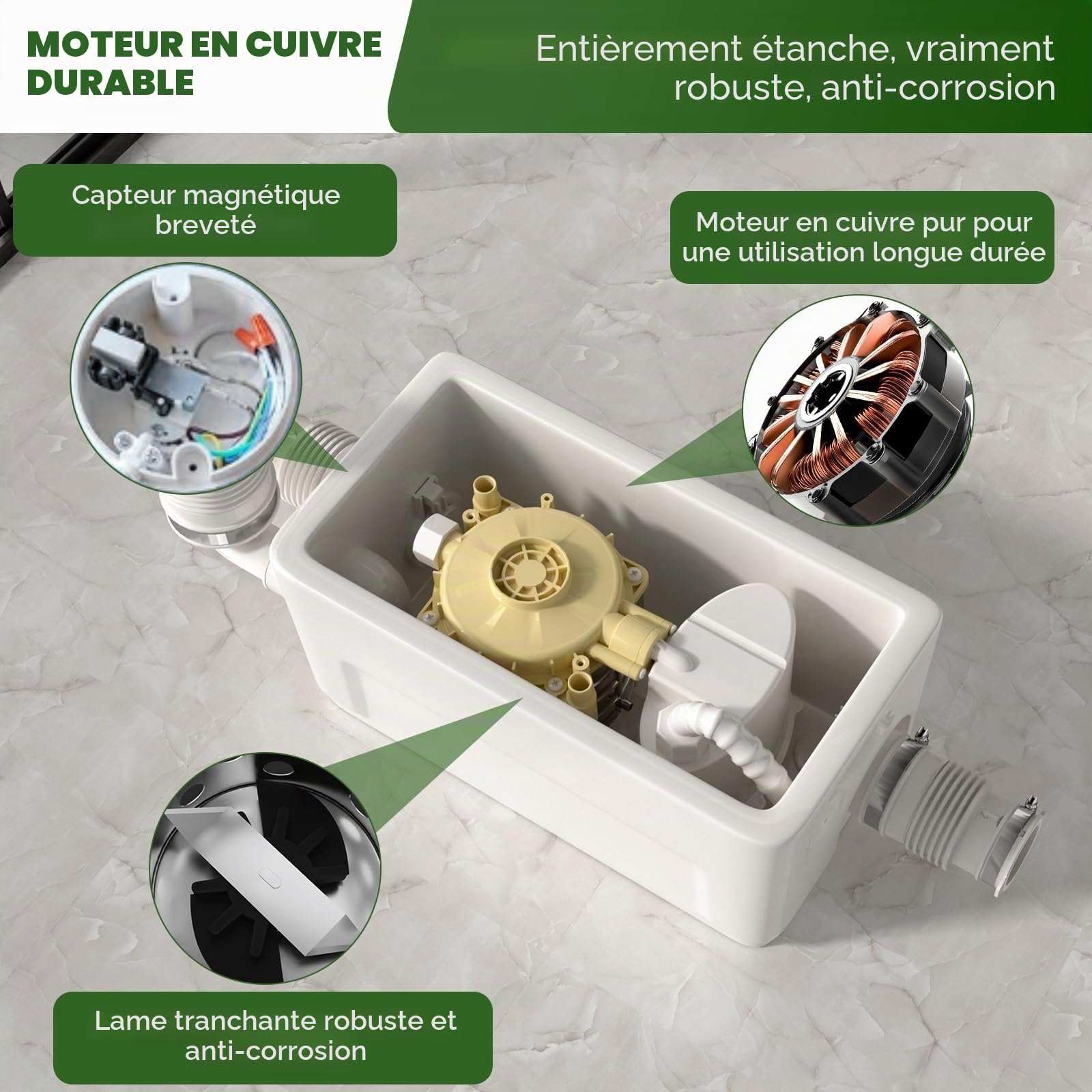 Pompe de douche silencieuse 400 W, pompe d'égout macérateur sous évier, 6 m, levage de tête avec 3 entrées pour sous-sol, cuisine, lavabo, baignoire, linge, pompe de levage automatique des eaux usées
