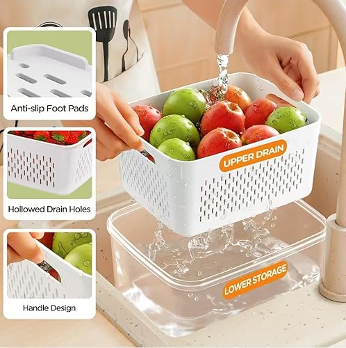 Miniatura 2 de Caja de almacenamiento de alimentos de plástico transparente para el hogar, incluida la cesta de drenaje, cesta de almacenamiento de 3 drenajes de