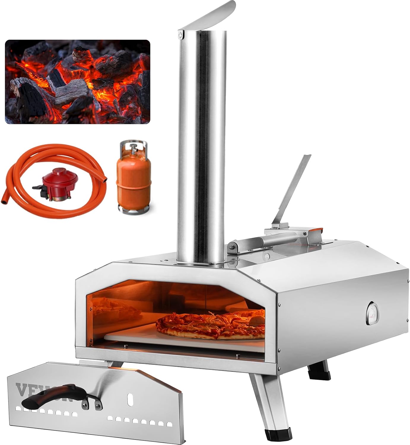 VEVOR Horno de Pizza Porttil Combustible Dual para Uso al Aire Libre, Alimentado con Pellets y Gas y Piedra de Pizza de Cordierita Espesa, Pata Plegable a Acampar y Patio, 360 x 680 x 850 mm, Plata