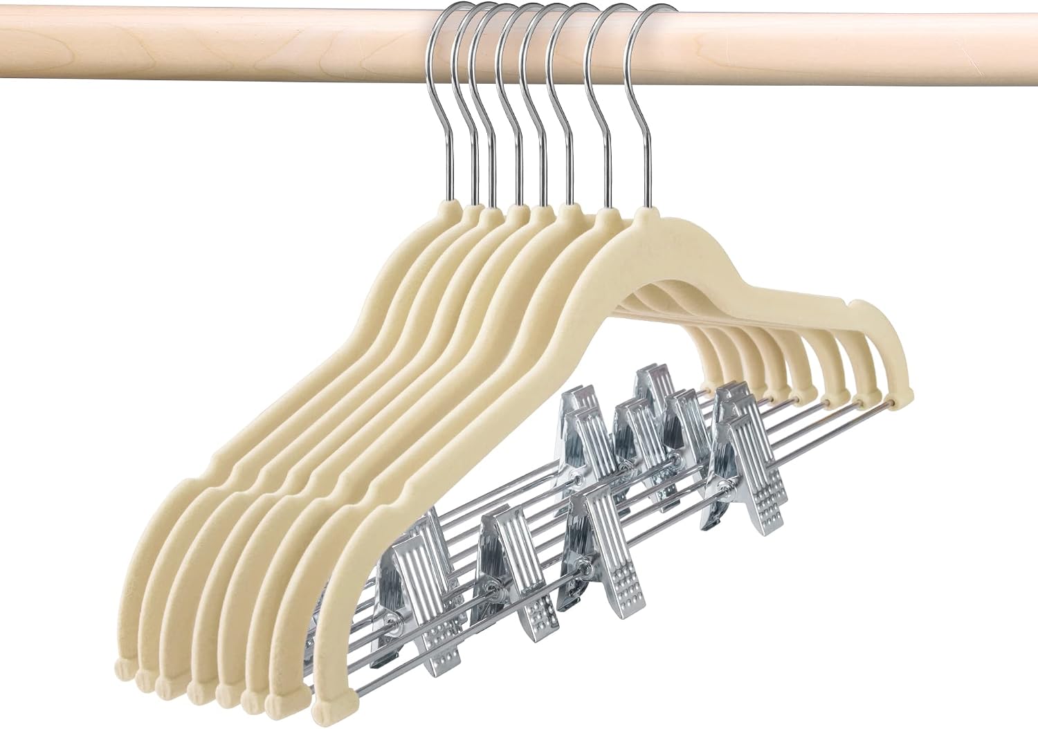 HOUSE DAY Velvet Skirt Hangers 12 Packs Velvet Hangers with Clips Ultra Thin Non Slip Velvet Pants Hangers Space Saving Clothes Hangers for Skirts, Pant, Shirt (Beige)