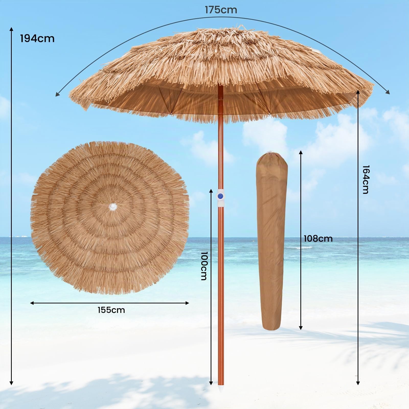RELAX4LIFE Sombrilla Playa Ø175cm de Paja de PP con Inclinación y Altura Regulable 140-190cm, Sombrilla Tropical Hawaiana con 8 Varillas, Barra Desmontable y Bolsa de Transporte, Sin Base, Natural